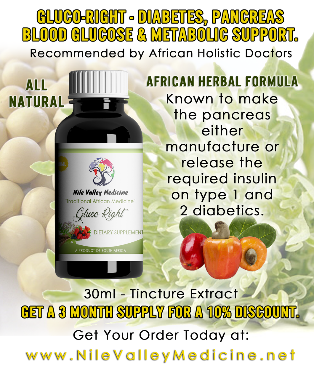 3-MONTH SUPPLY 10% Discount of Gluco-Right: Traditional African Herbal Formula Diabetes, Blood Glucose,  and Metabolic Support, 30ml extract, 3 bottle supply